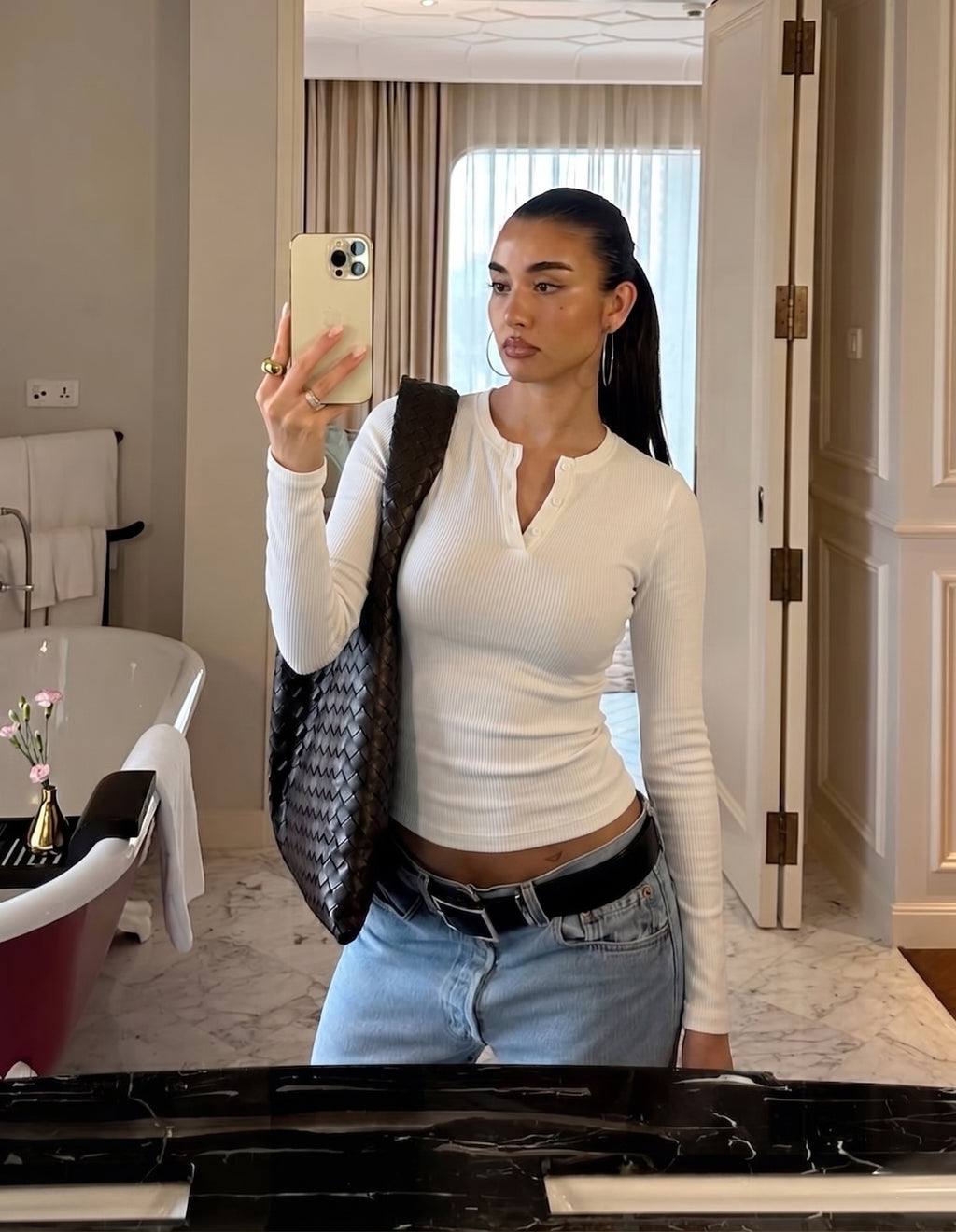 Ribbed Henley Longsleeve Top White