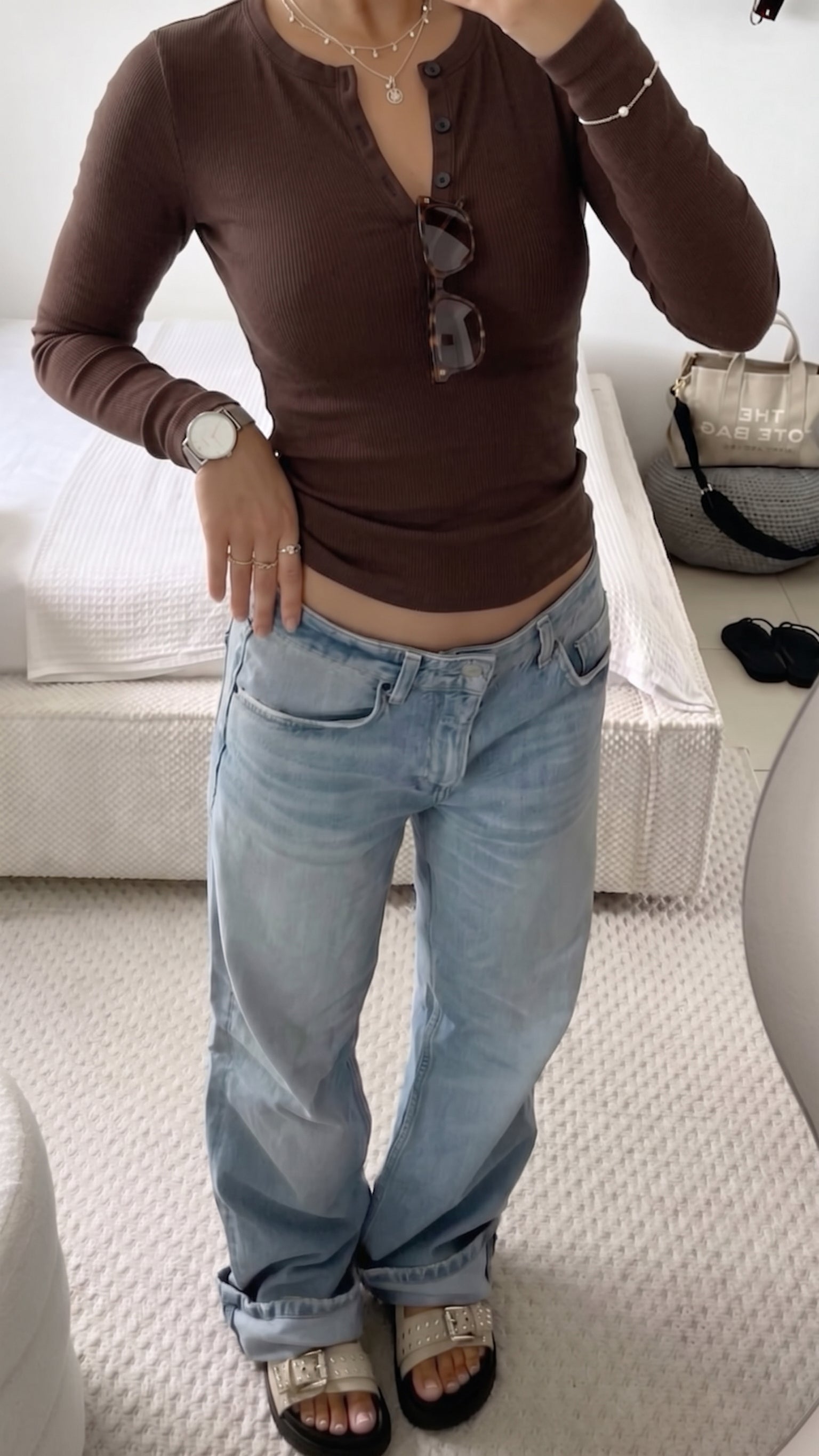 Ribbed Henley Longsleeve Top Brown