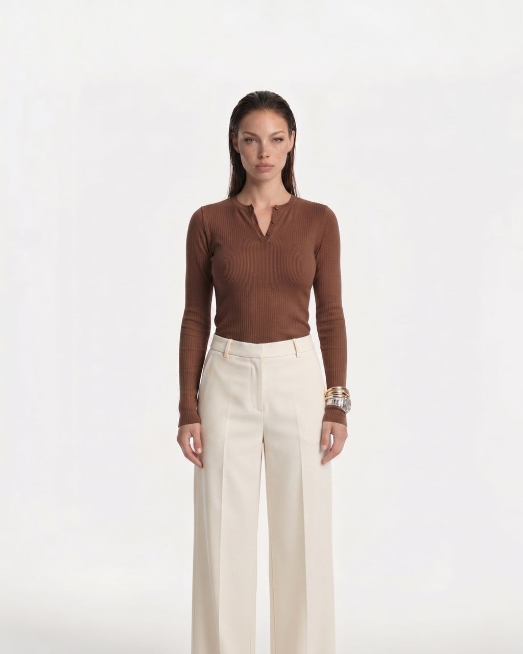 Ribbed Henley Longsleeve Top Brown
