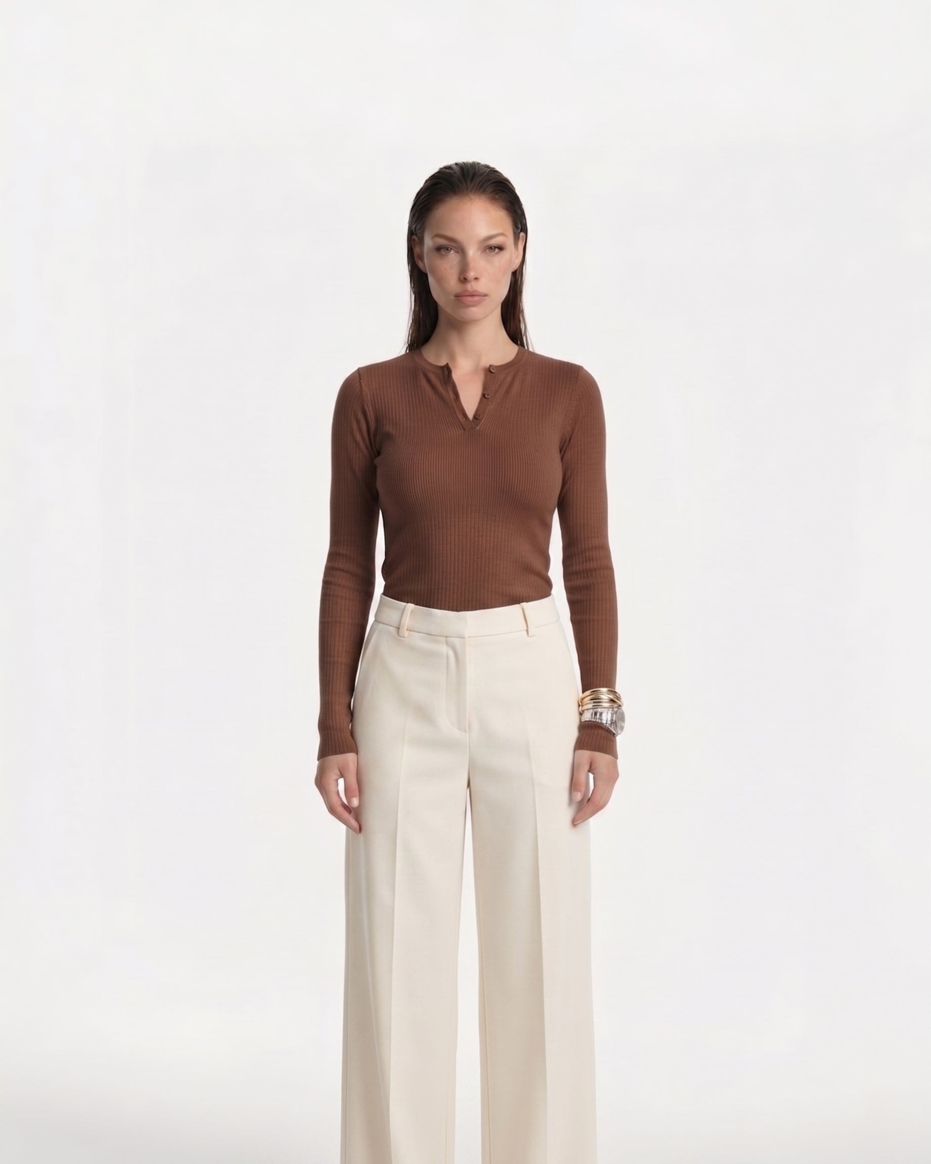 Ribbed Henley Longsleeve Top Brown