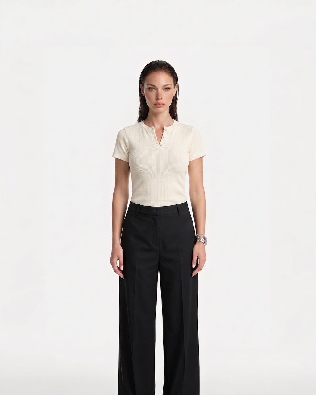 Ribbed Henley Shortsleeve Top White