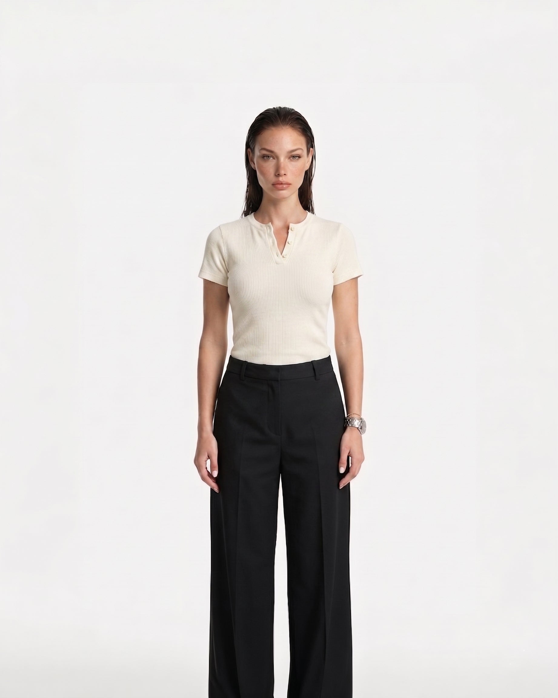 Ribbed Henley Shortsleeve Top White
