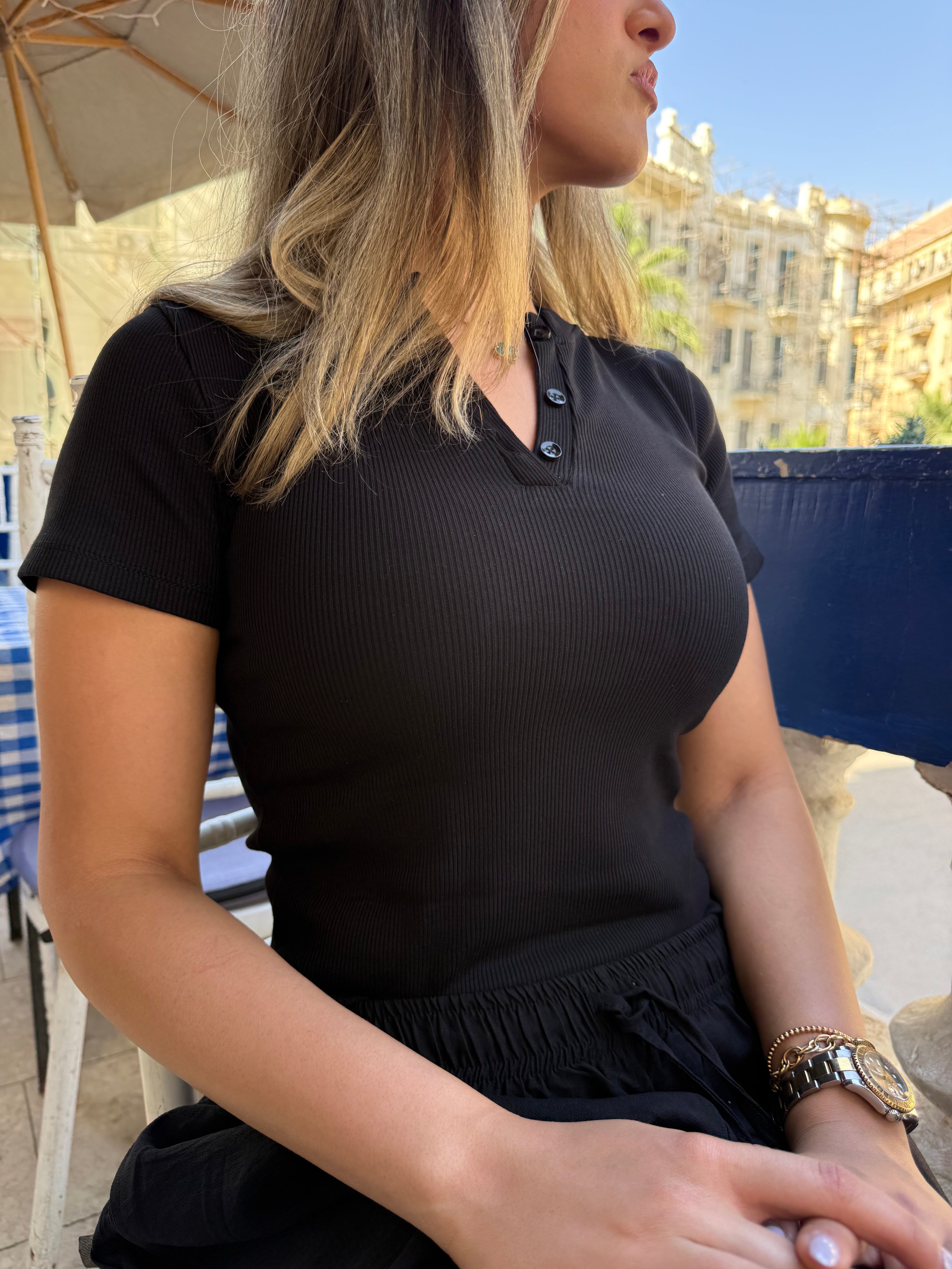 Ribbed Henley Shortsleeve Top Black — view 2