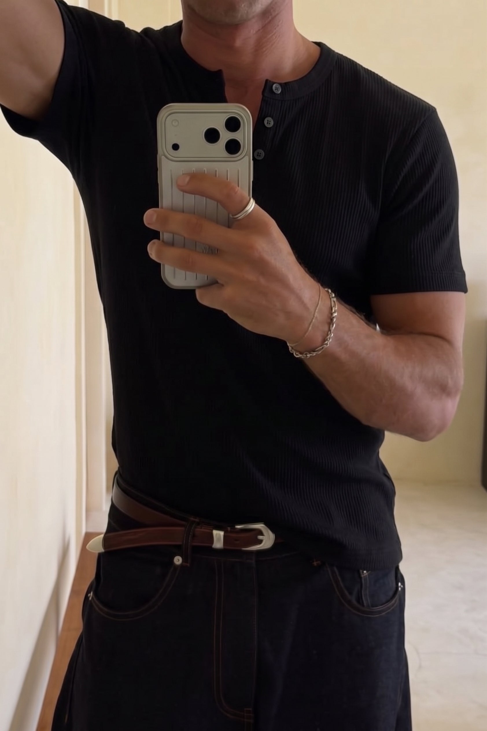 Ribbed Henley T-Shirt Black