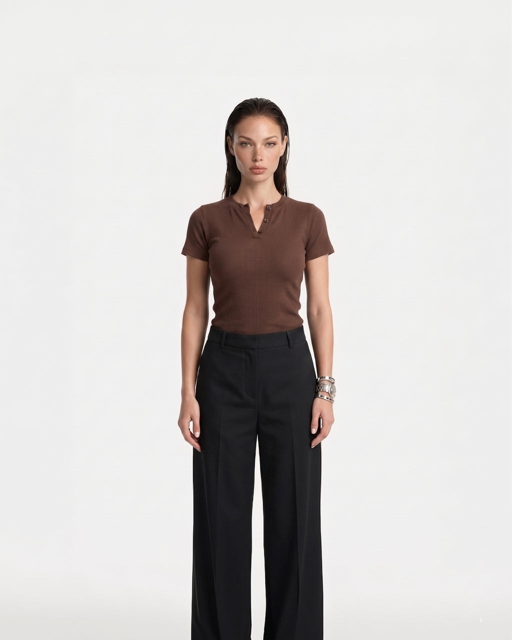 Ribbed Henley Shortsleeve Top Brown