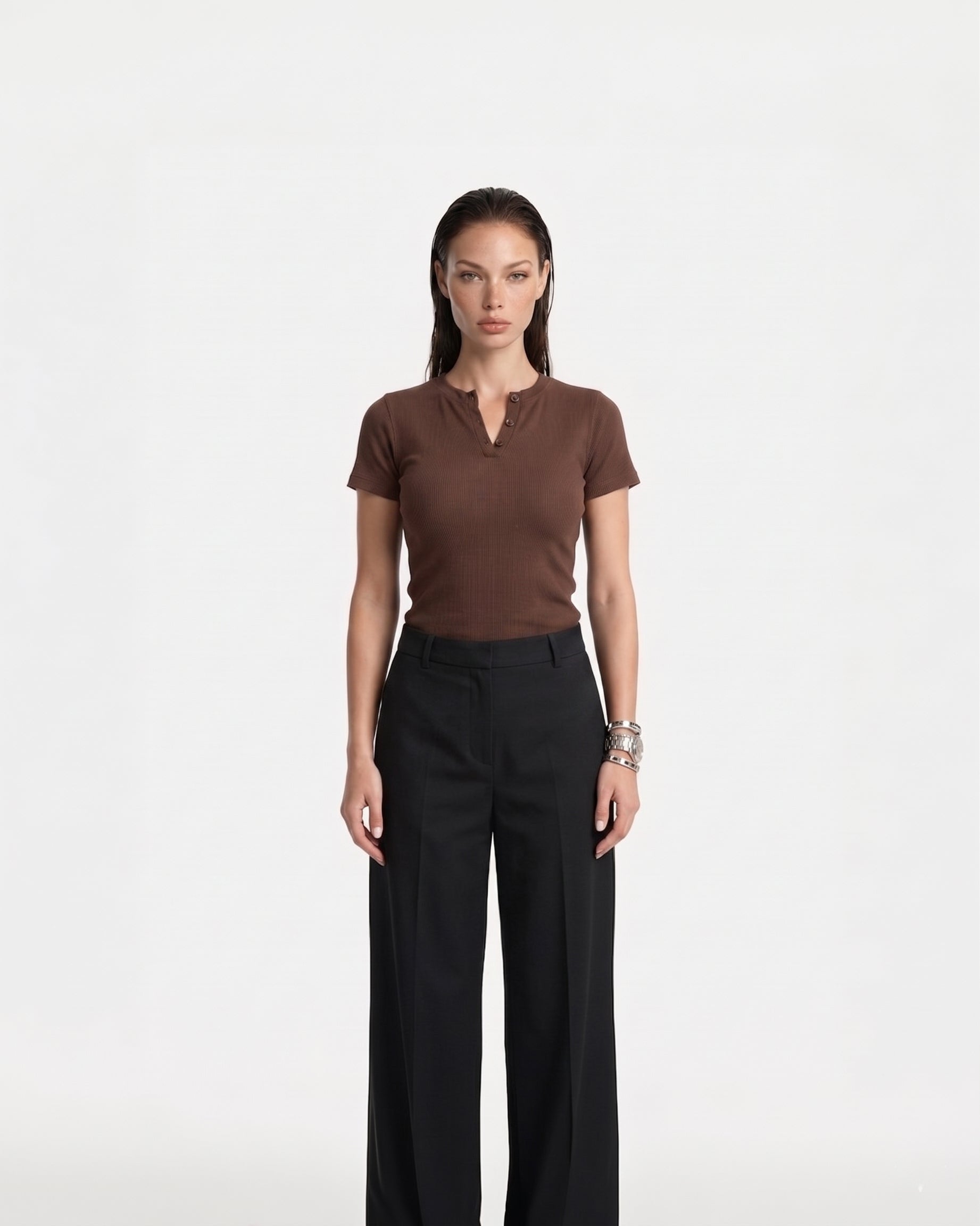 Ribbed Henley Shortsleeve Top Brown