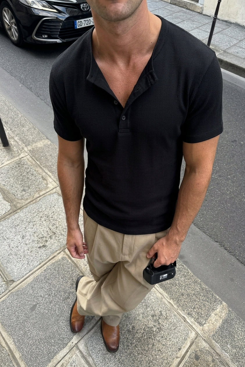Ribbed Henley T-Shirt Black