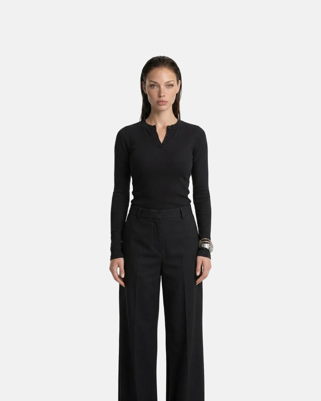 Ribbed Henley Longsleeve Top Black
