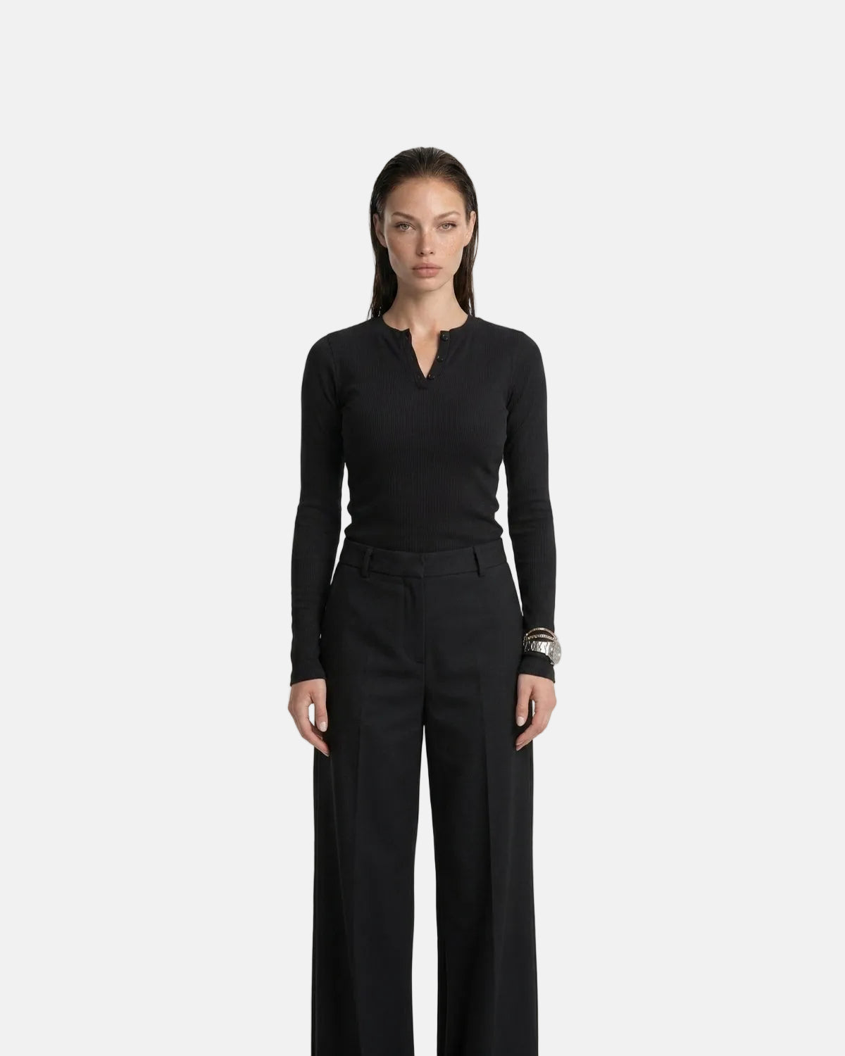Ribbed Henley Longsleeve Top Black