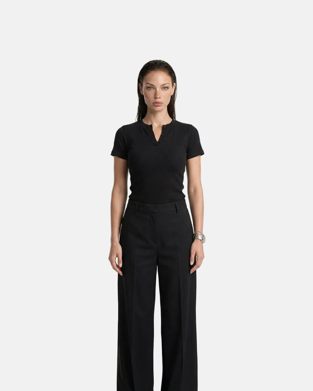Ribbed Henley Shortsleeve Top Black