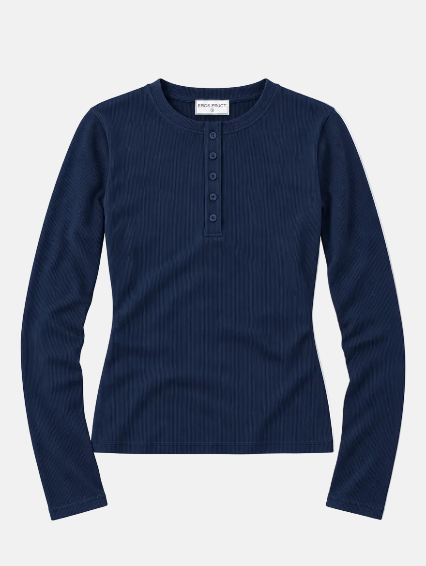 Ribbed Henley Longsleeve Top Navy