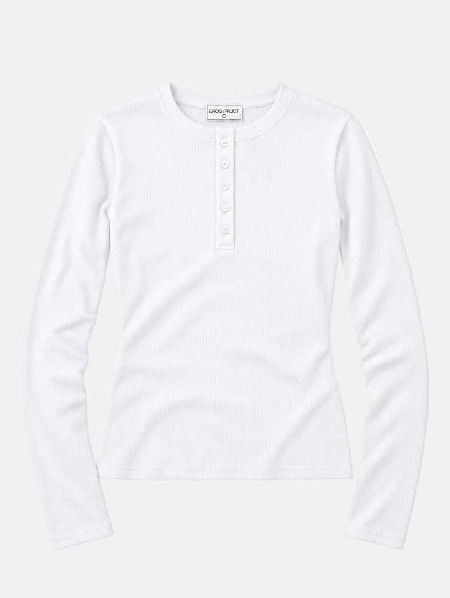 Ribbed Henley Longsleeve Top White