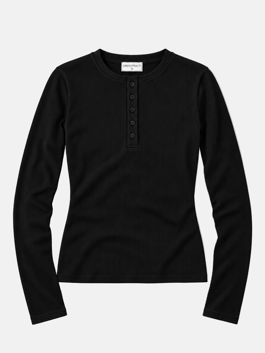 Ribbed Henley Longsleeve Top Black